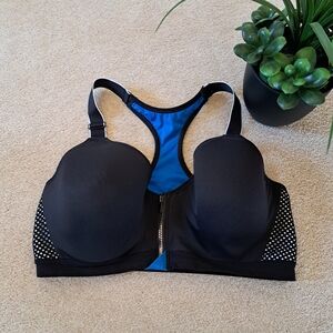 Maidenform Secure Zip Sports Bra Size 38C Black Blue Activewear Sporty Workout